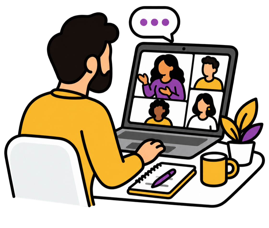 Illustration of an online CliftonStrengths workshop with several people joining by video