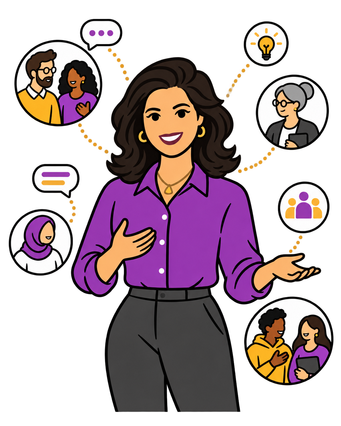 A woman surrounded by circles showing people of different ages, backgrounds, and appearances