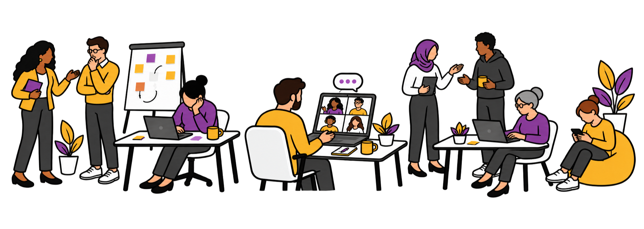 Illustration of people at work in different settings: two colleagues talking beside a whiteboard, someone working alone at a laptop, a video call with four participants, two people in conversation over coffee, and others working separately