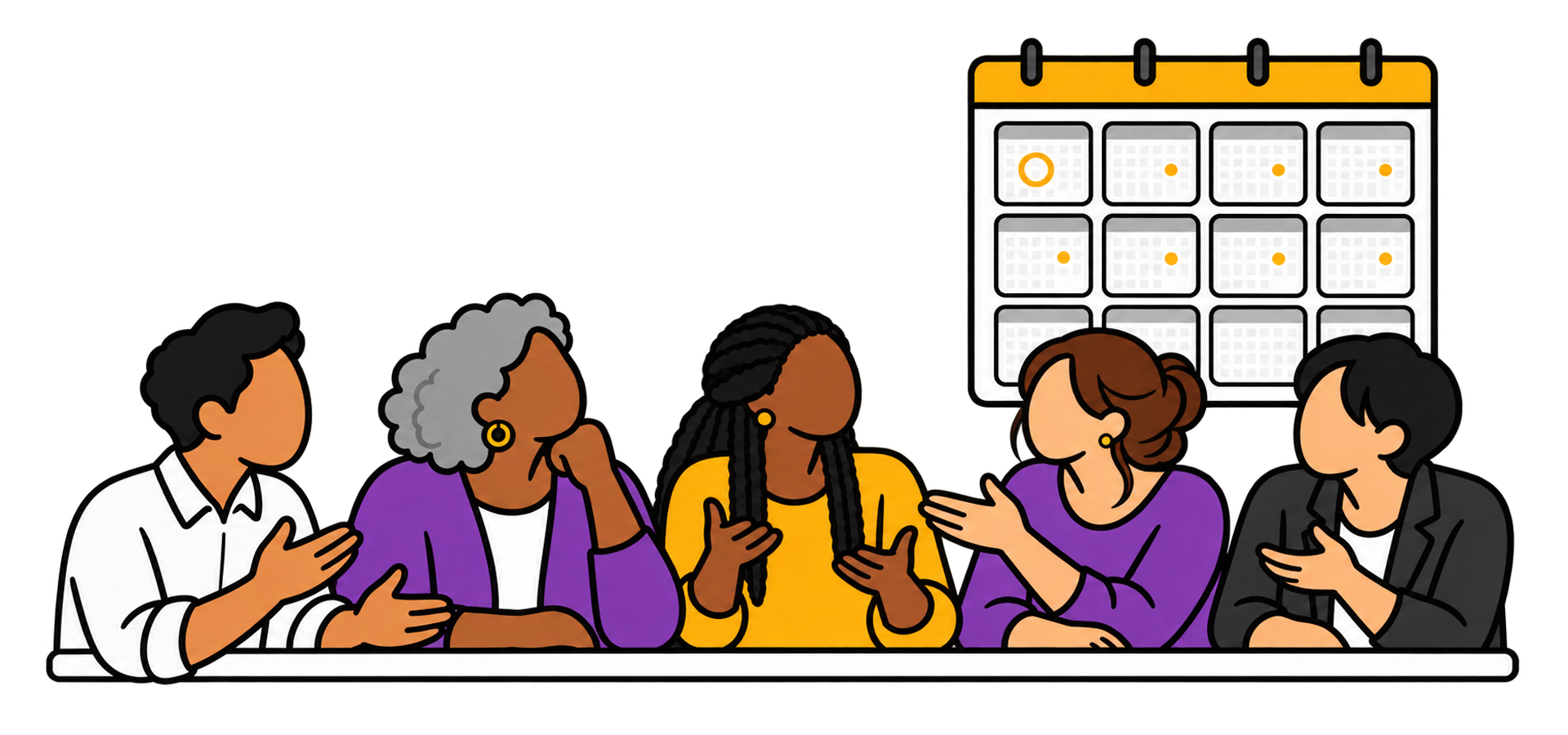 A team talks at a table. Behind them, a year calendar shows one circled day and a gold dot in each month after it.