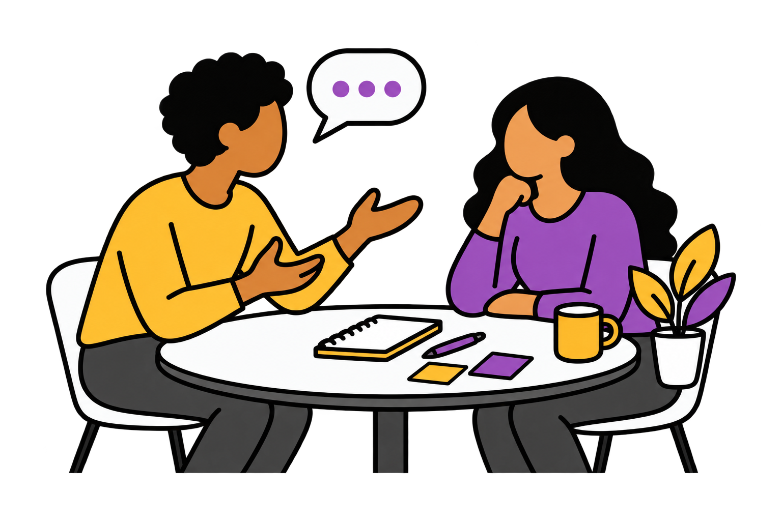 Illustration of two people in conversation across a table