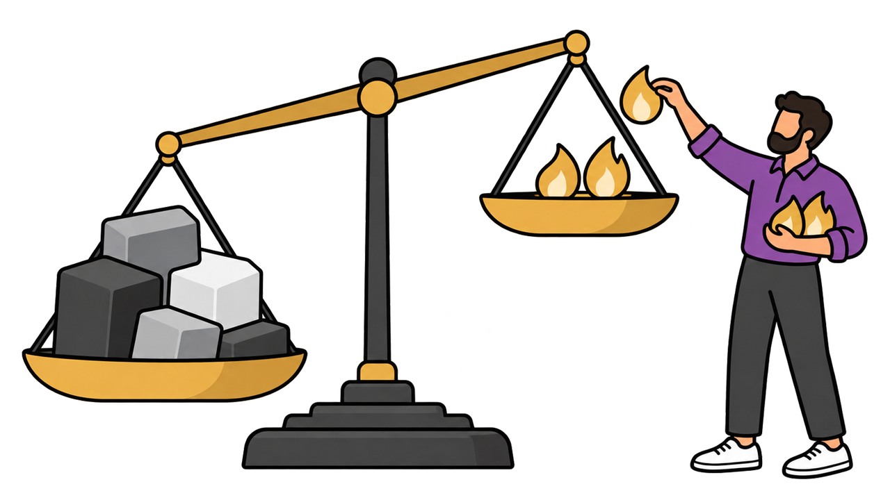 A man adds a small flame to a balance scale. Heavy grey blocks weigh down one side, and a few flames sit on the other.