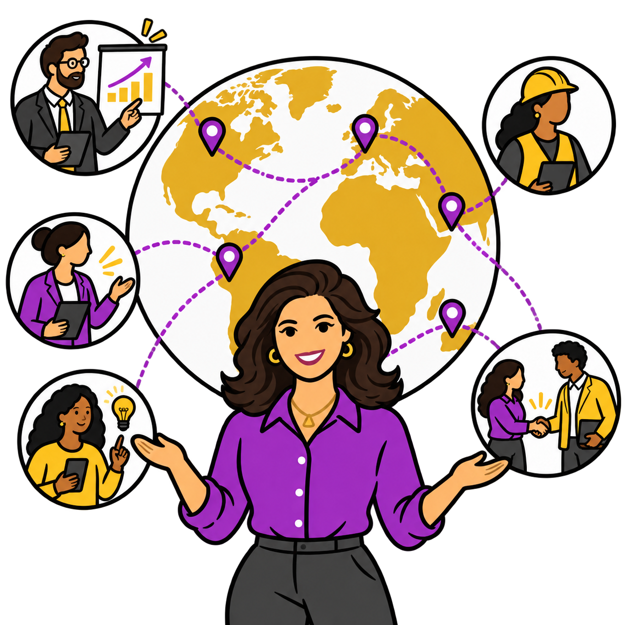 A woman at the center of a globe marked with location pins, connected to colleagues in different countries
