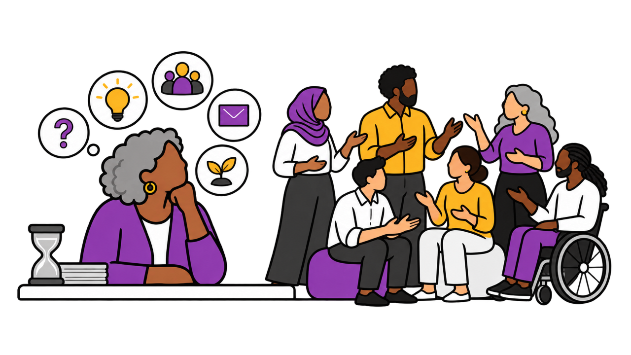 A leader sits at a desk, chin in hand, with a question mark and other icons above her head. Nearby, her team is in lively conversation.