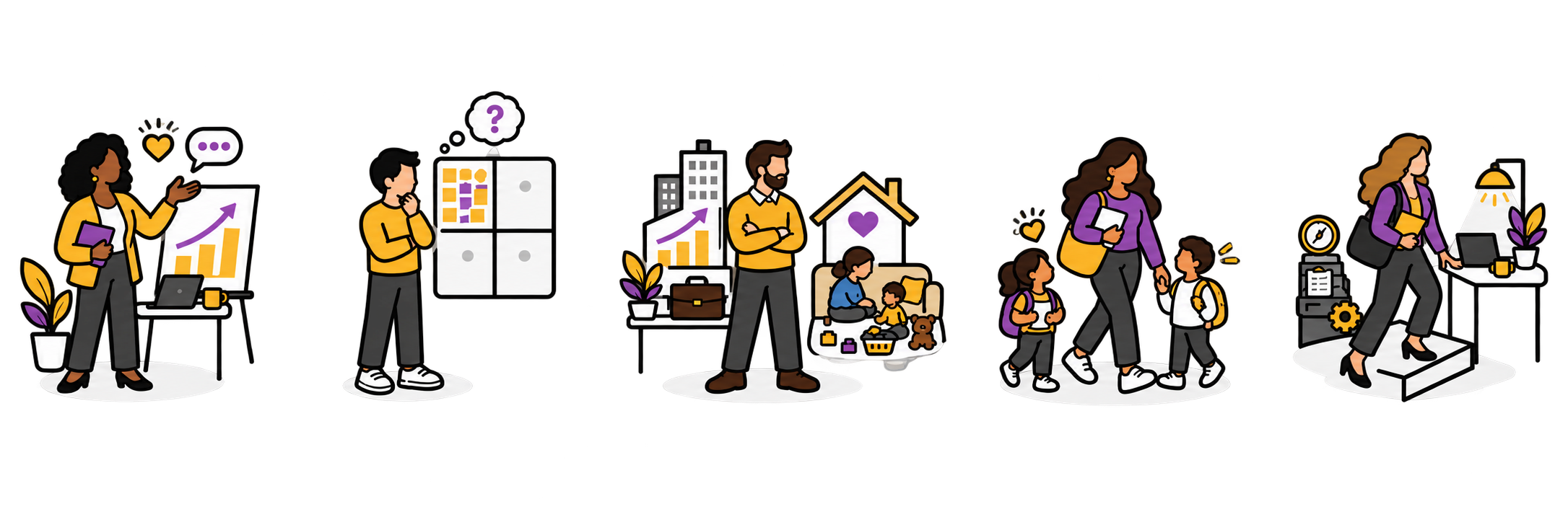 Illustrations of five different people, each in a different situation: leading a meeting, working through a problem, running a business, at home with children, and starting in a new role
