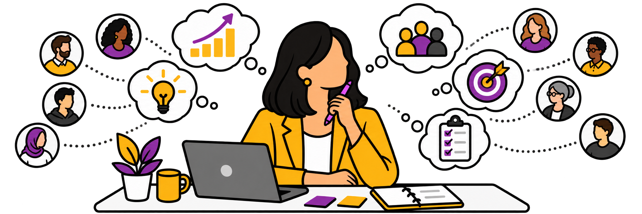 Illustration of a leader at her desk, thinking about the individual people on her team