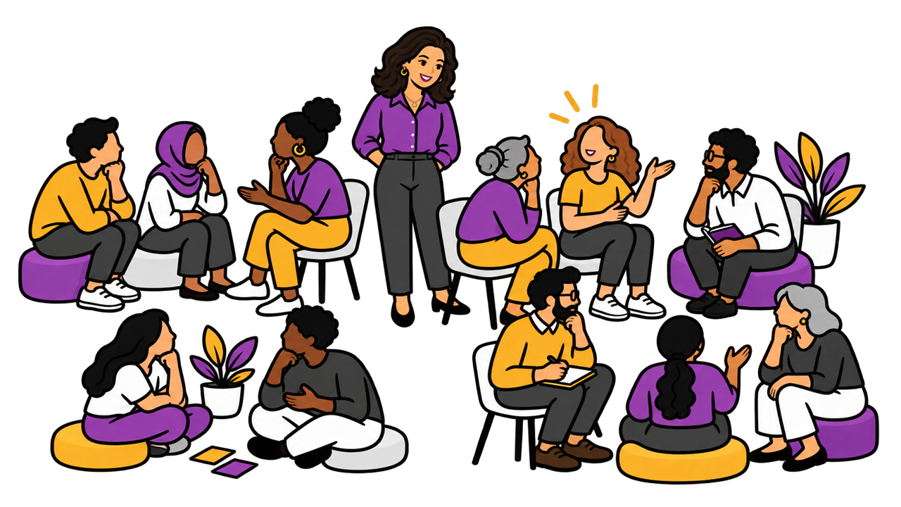 Elvira stands among a workshop group. Most participants sit deep in thought, while one smiles and shares what she discovered.