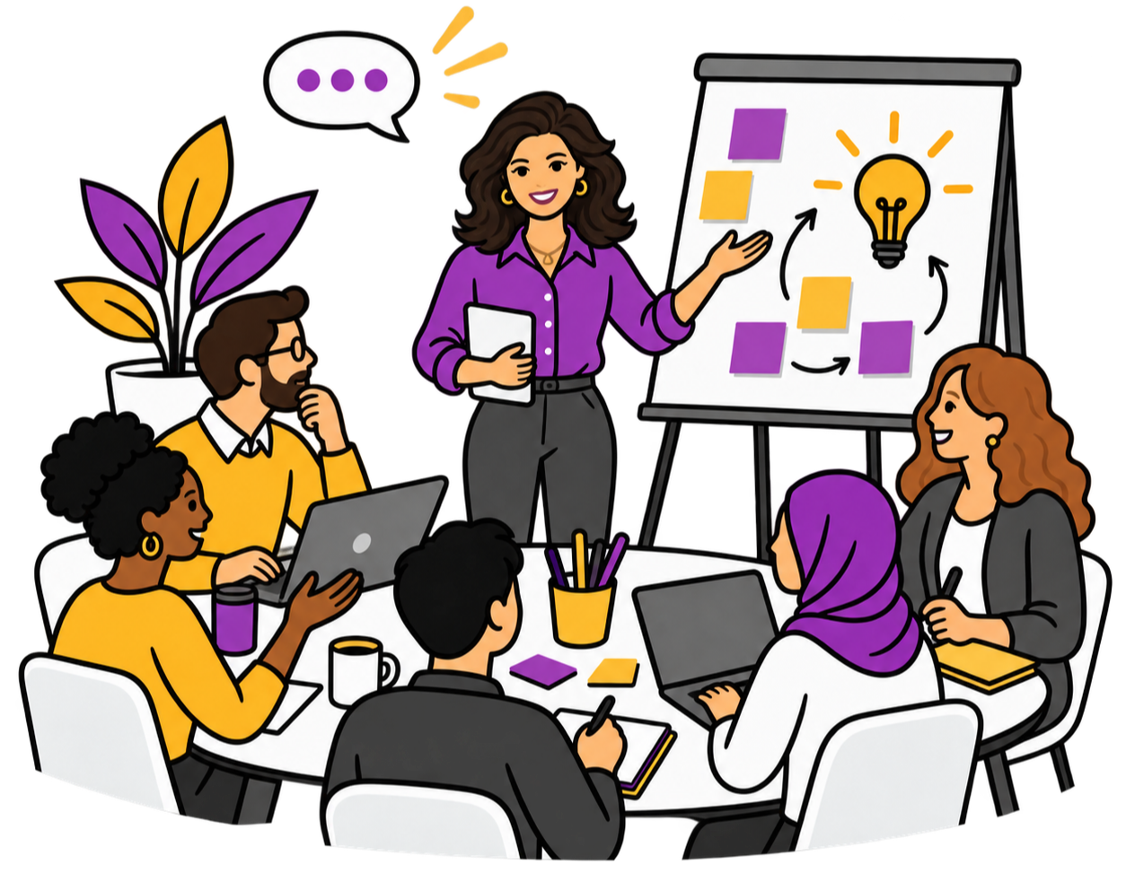 A woman leading a workshop at a flip chart with a small group seated around a table