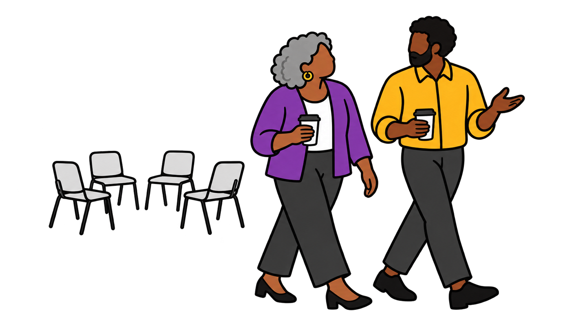 A team leader and a team member walk away from empty workshop chairs, coffee in hand, still deep in conversation.
