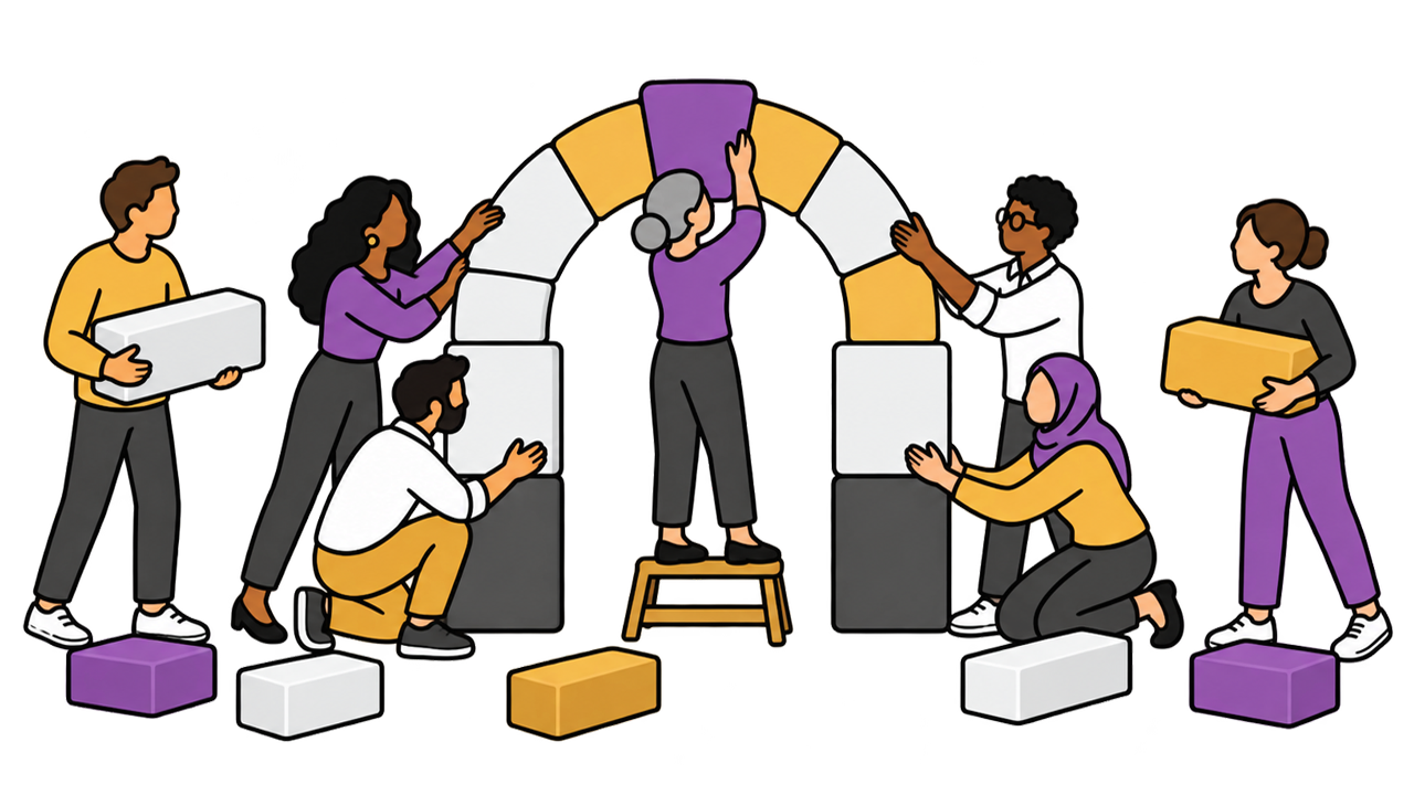 A team building an arch from blocks together, one person placing the keystone.