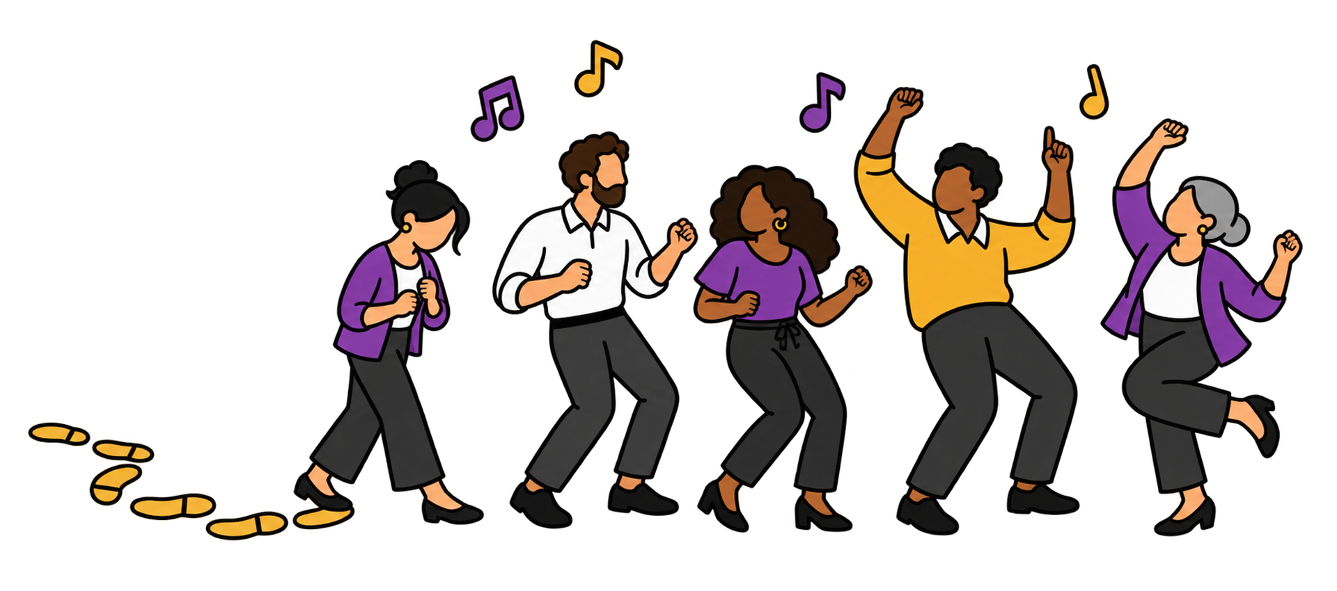 A woman takes a careful step off a trail of dance-step footprints, while four coworkers dance freely beside her, each more confident than the last.