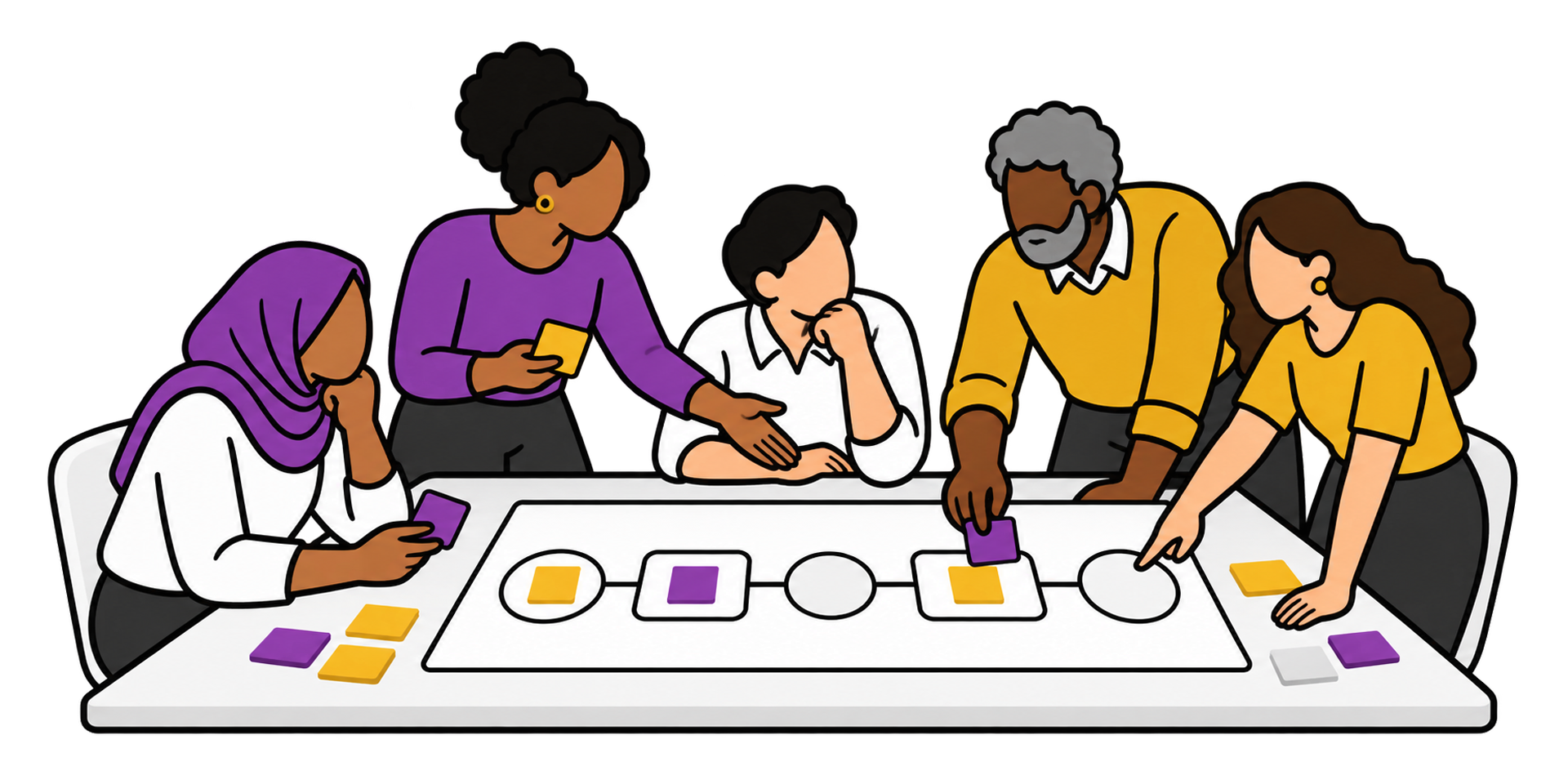 A team gathers around a project plan on a table, placing colored tiles on its steps while one teammate invites a colleague in.