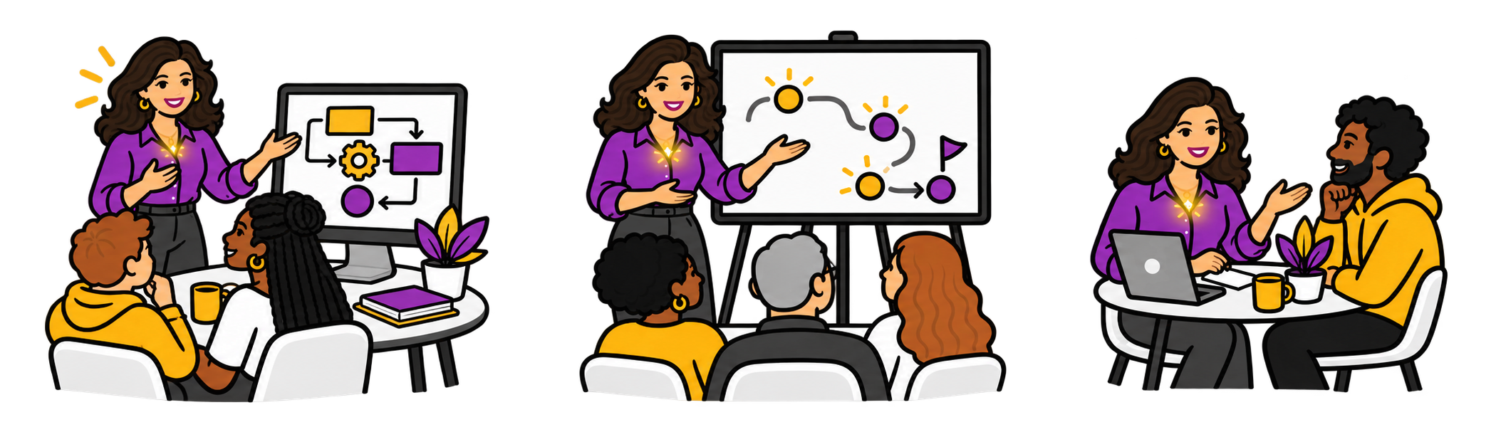 Three scenes of Elvira: explaining a diagram, presenting a roadmap, and talking one-on-one. In each, a small gold glow shines at her chest.