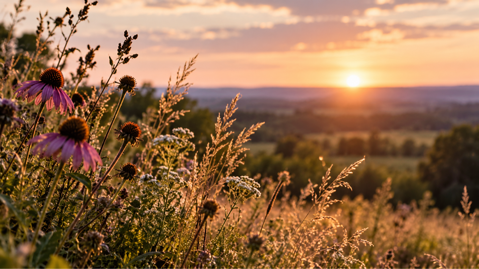 “Midwestern meadow with coneflowers and grasses at sunset.”