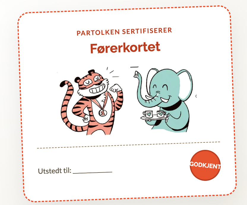 Sertifikat-kort med tiger og elefant, stemplet GODKJENT