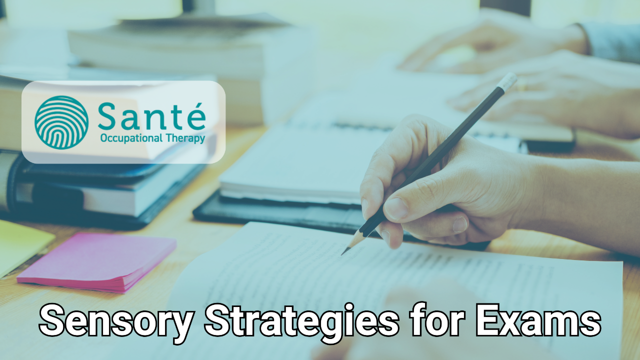 Blog cover with person writing an exam and title: Sensory Support for exams