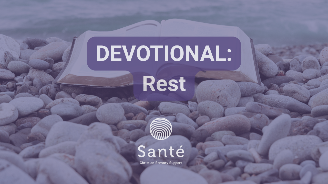 Image of bible on restful beach with title: Devotional - Rest