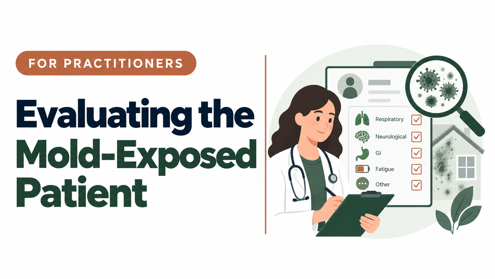 Illustration of a clinician reviewing a mold-exposed patient’s history and findings