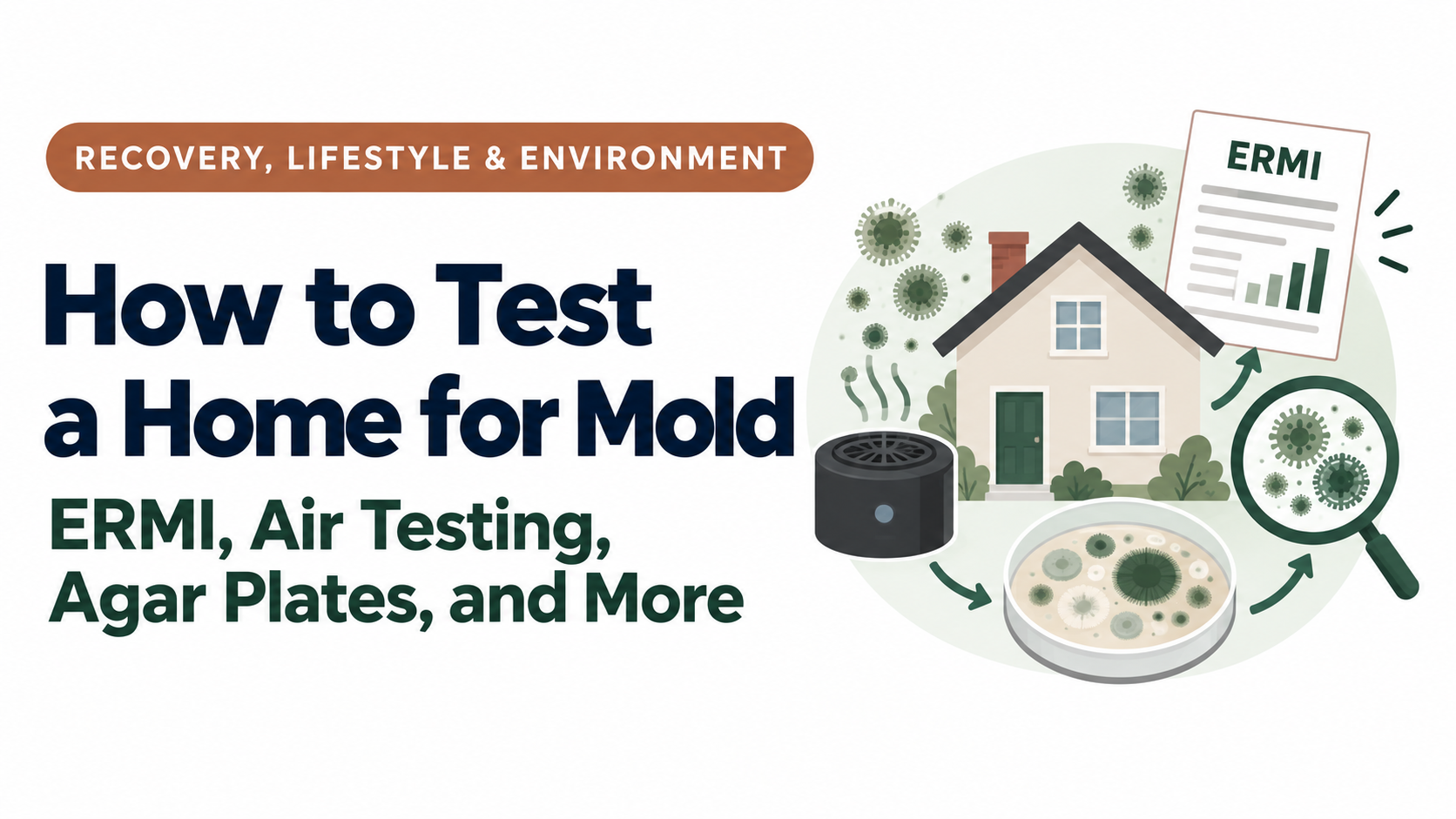 Illustration of home mold testing methods, including air sampling and dust testing