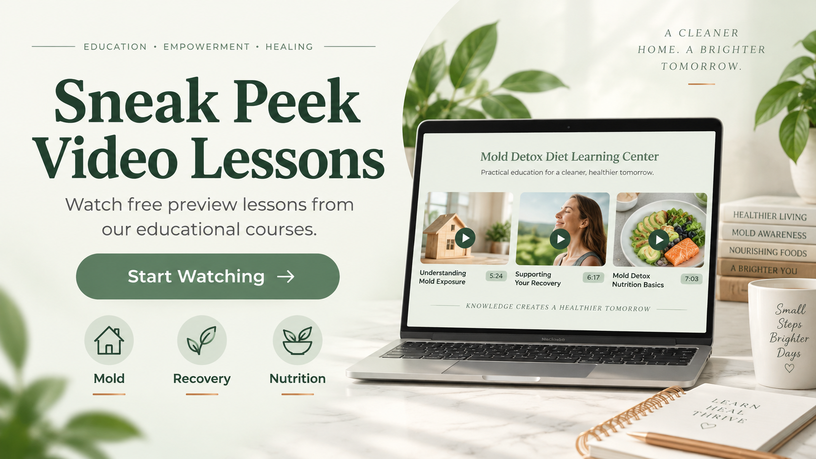 Sneak Peek Video Lessons: free preview lessons on mold, recovery, and nutrition from the Mold Detox Diet course