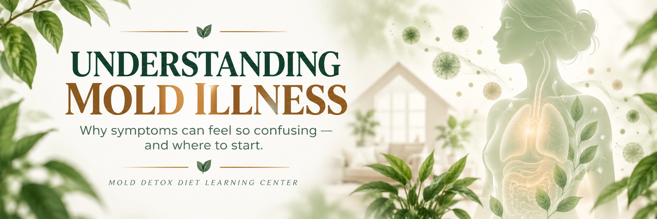 Understanding Mold Illness educational article banner featuring a house, botanical imagery, and interconnected body systems.