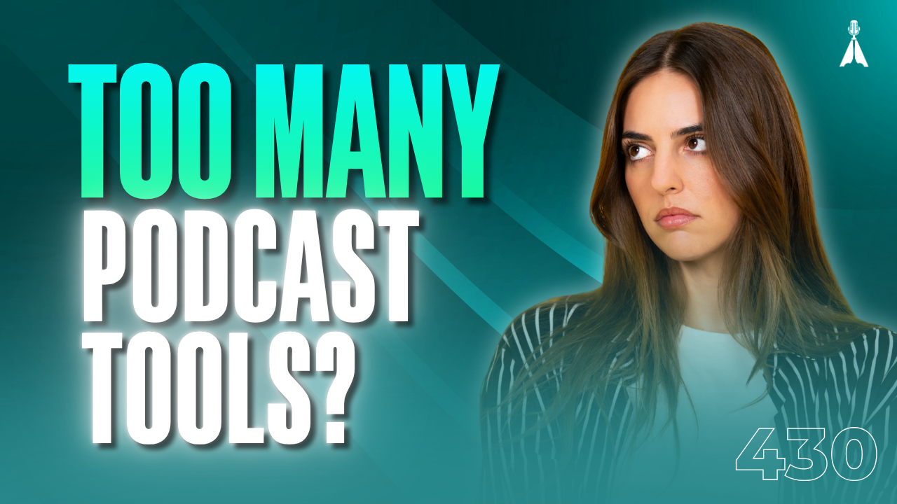 Thumbnail for a Beamly review featuring a skeptical woman beside the words “Too Many Podcast Tools?”