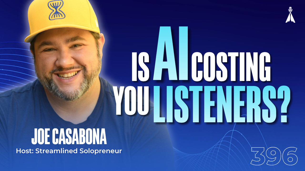 Joe Casabona, host of Streamlined Solopreneur, smiling in a yellow cap on a blue background with text "Is AI Costing You Listeners?" - is AI making your podcast easier to skip and what it means for podcast growth (Episode 396)