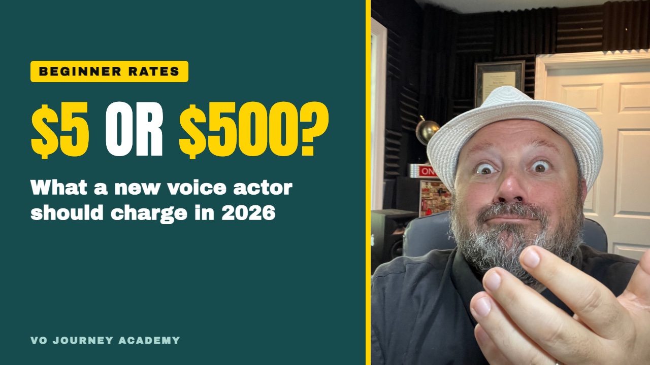 Anthony Pica in a white hat, shrugging with wide eyes, next to the words: $5 or $500? What a new voice actor should charge in 2026.