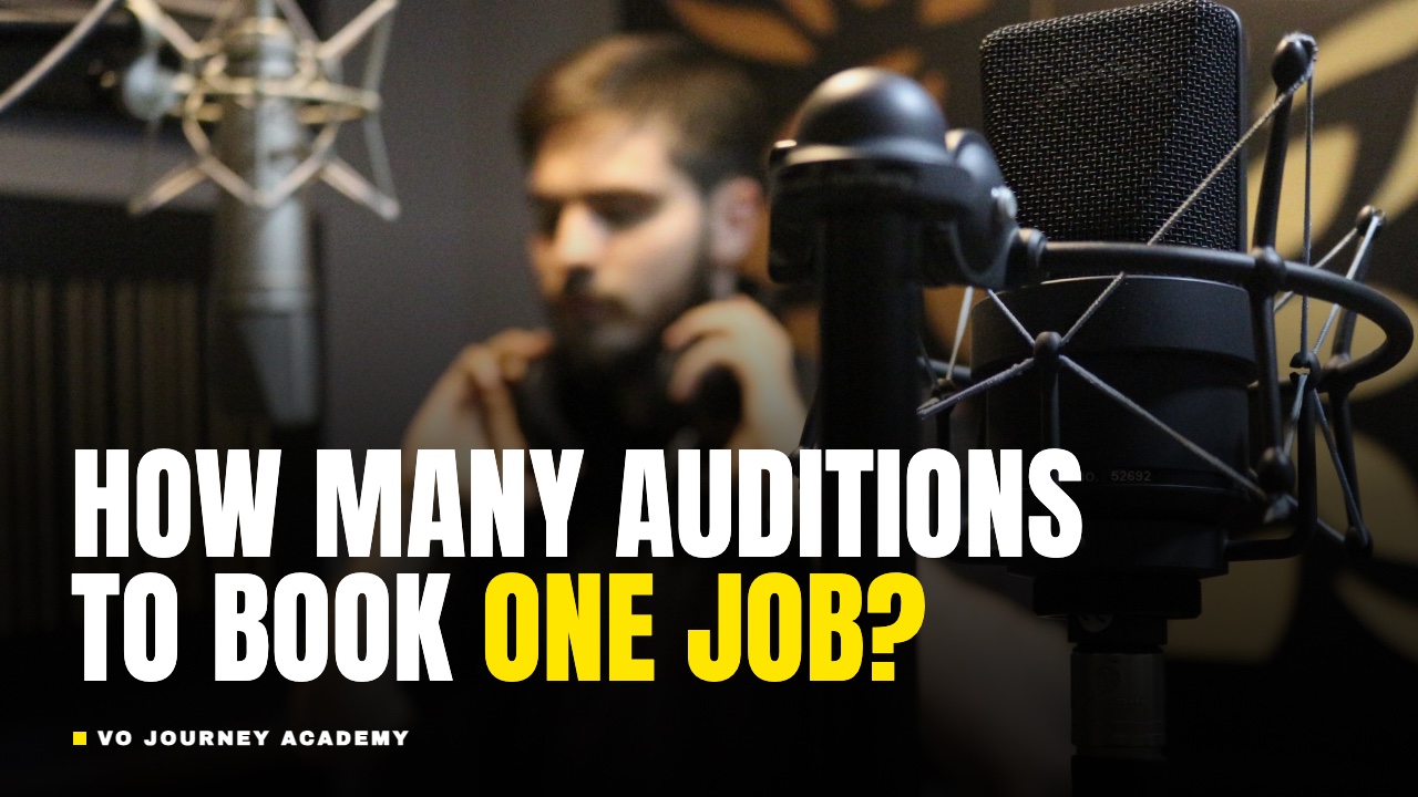 A voice actor in headphones recording at a studio microphone, with the question: how many auditions does it take to book a voice over job?