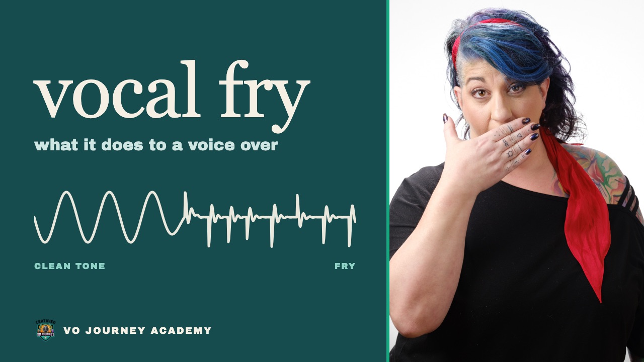VO Journey Academy coach Gabby Nistico laughing with her hand over her mouth, next to the words: vocal fry, what it does to a voice over.