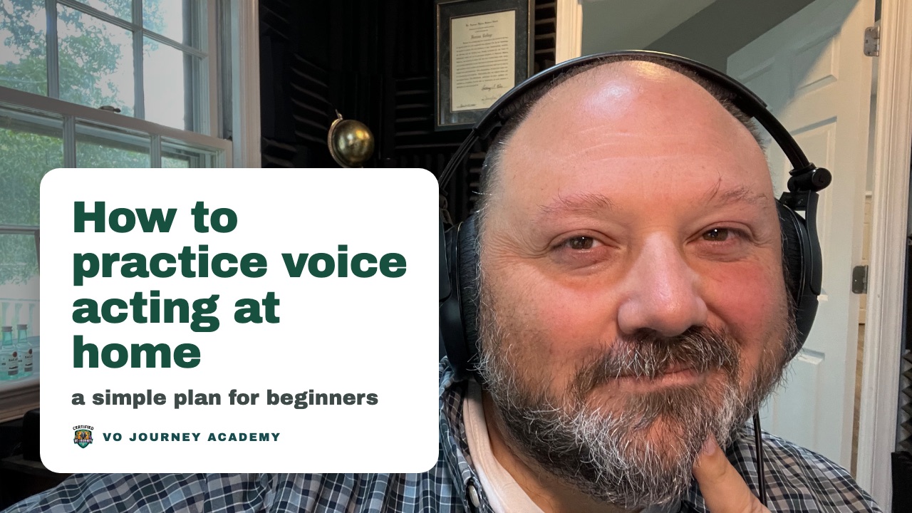 Anthony Pica in headphones in his studio, smiling, with the title: how to practice voice acting at home.