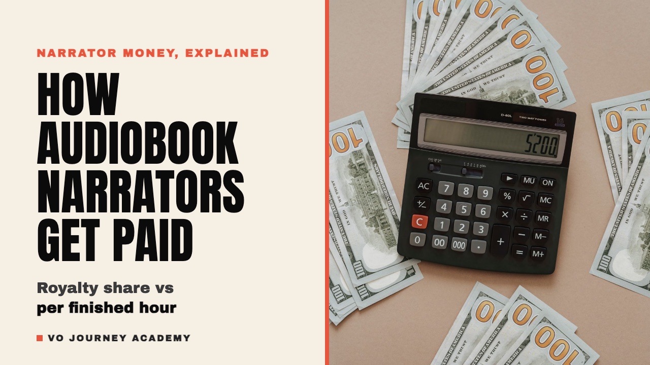 A calculator lying on a spread of hundred-dollar bills, beside the words: how audiobook narrators get paid, royalty share vs per finished hour.