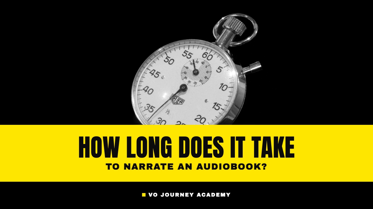 A vintage stopwatch on black, with the question: how long does it take to narrate an audiobook?