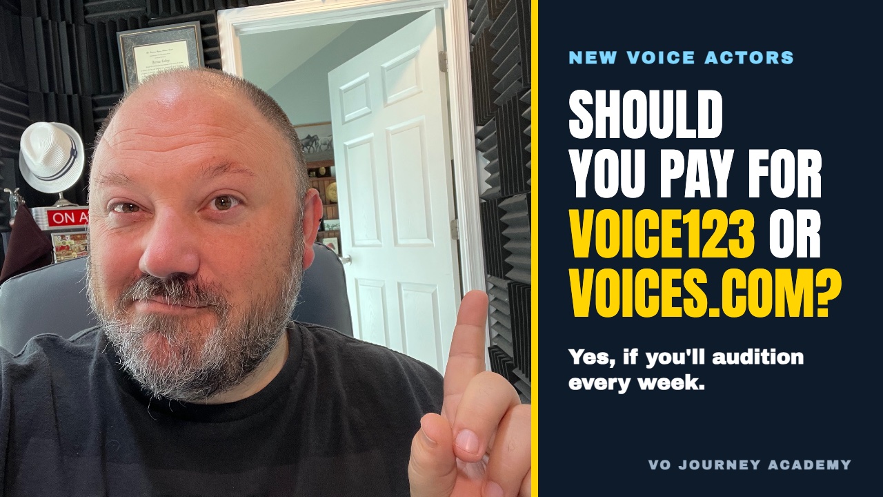 Anthony Pica in his recording booth next to the question: should you pay for Voice123 or Voices.com?