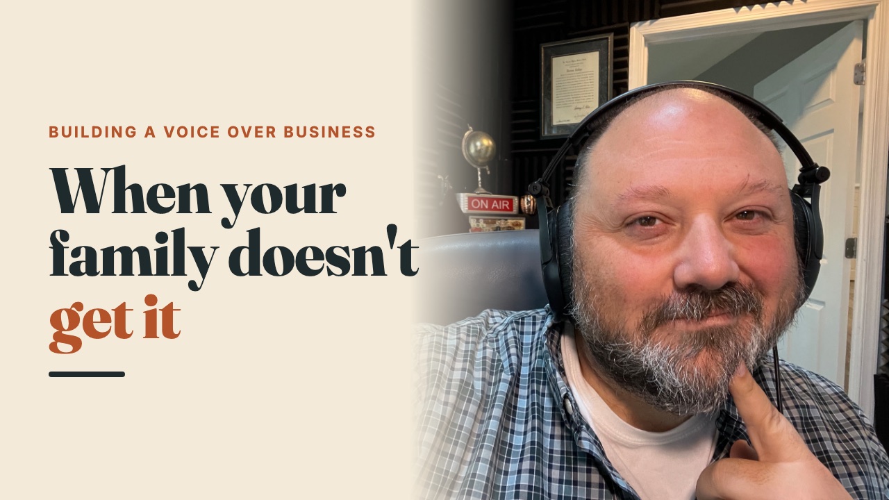 Anthony Pica in his home recording studio wearing headphones, next to the words: when your family doesn't get it.