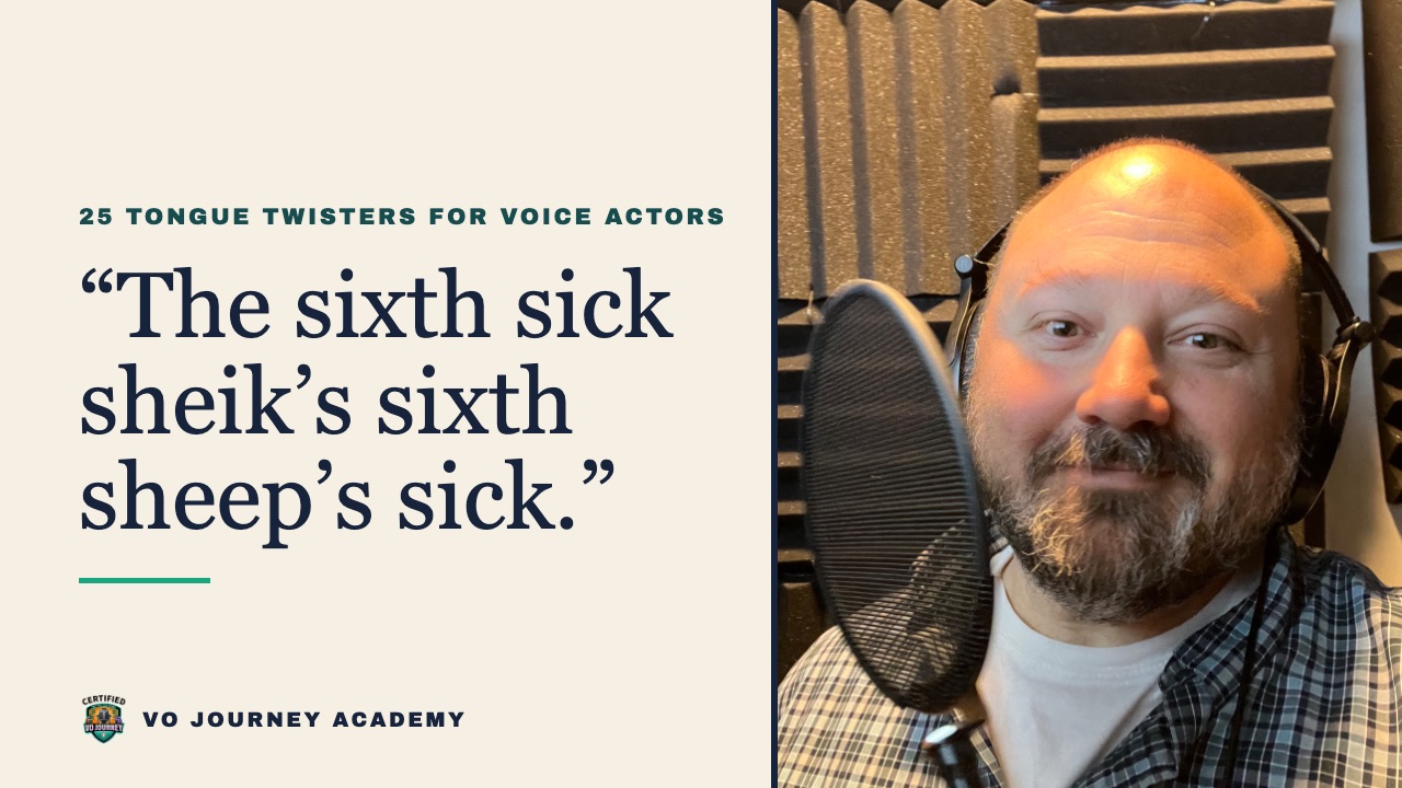 Anthony Pica smiling behind a pop filter in his booth, next to the tongue twister: the sixth sick sheik's sixth sheep's sick.