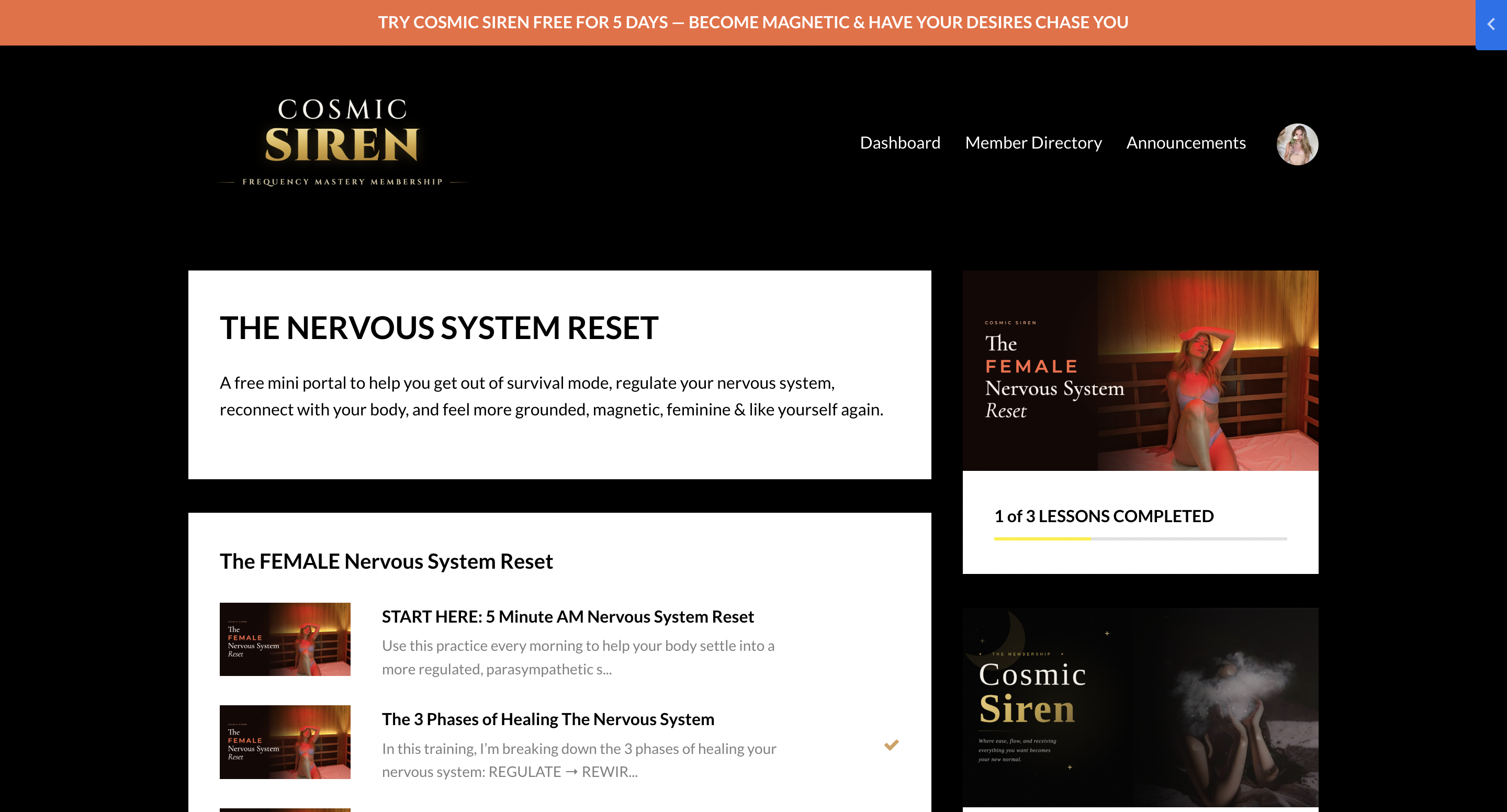 The Female Nervous System Reset portal dashboard