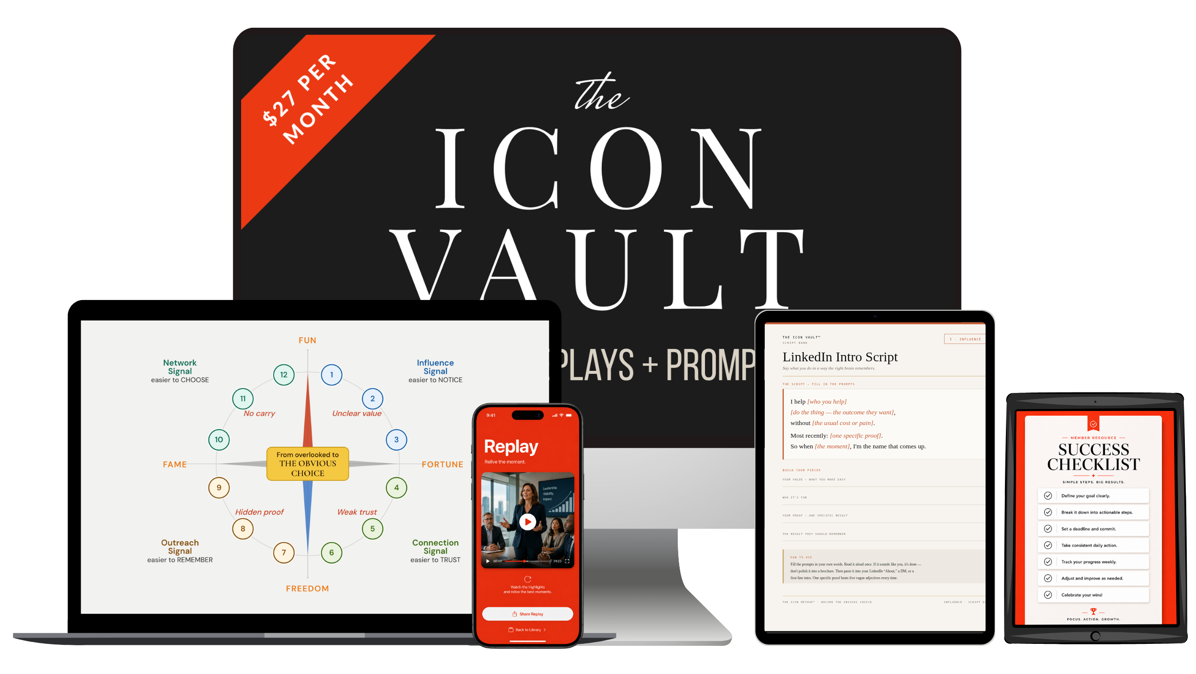 ICON Vault product mockup showing scripts, prompts, templates, worksheets, and replays