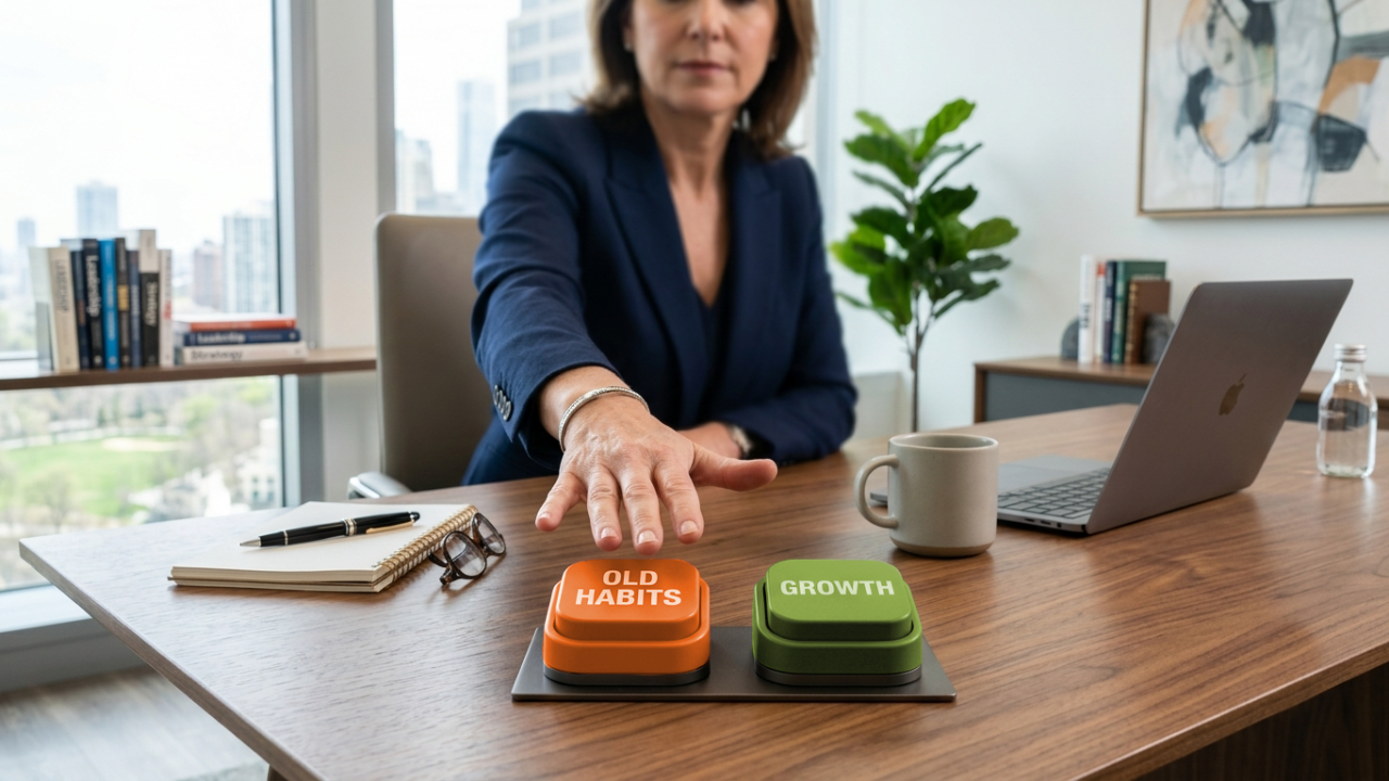 a leader sits at her desk contemplating which button to push: old habits or growth