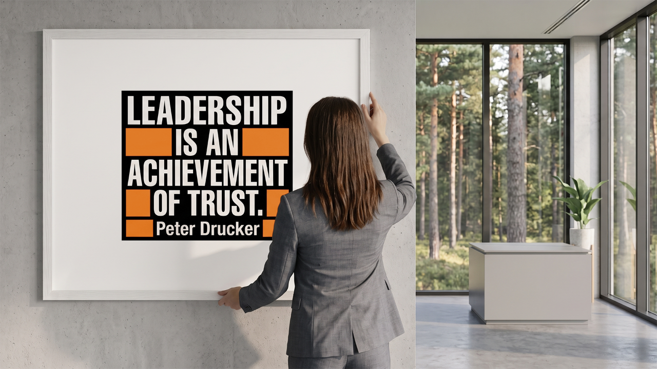 A leader hangs a picture in her office; the picture is a design with the quote, "Leadership is an achievement of trust." from Peter Drucker.
