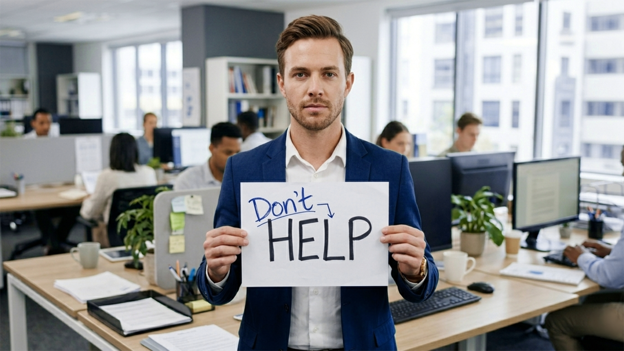 In an office, a worker holds up a sign that says HELP, handwritten above it is the word "Don't"
