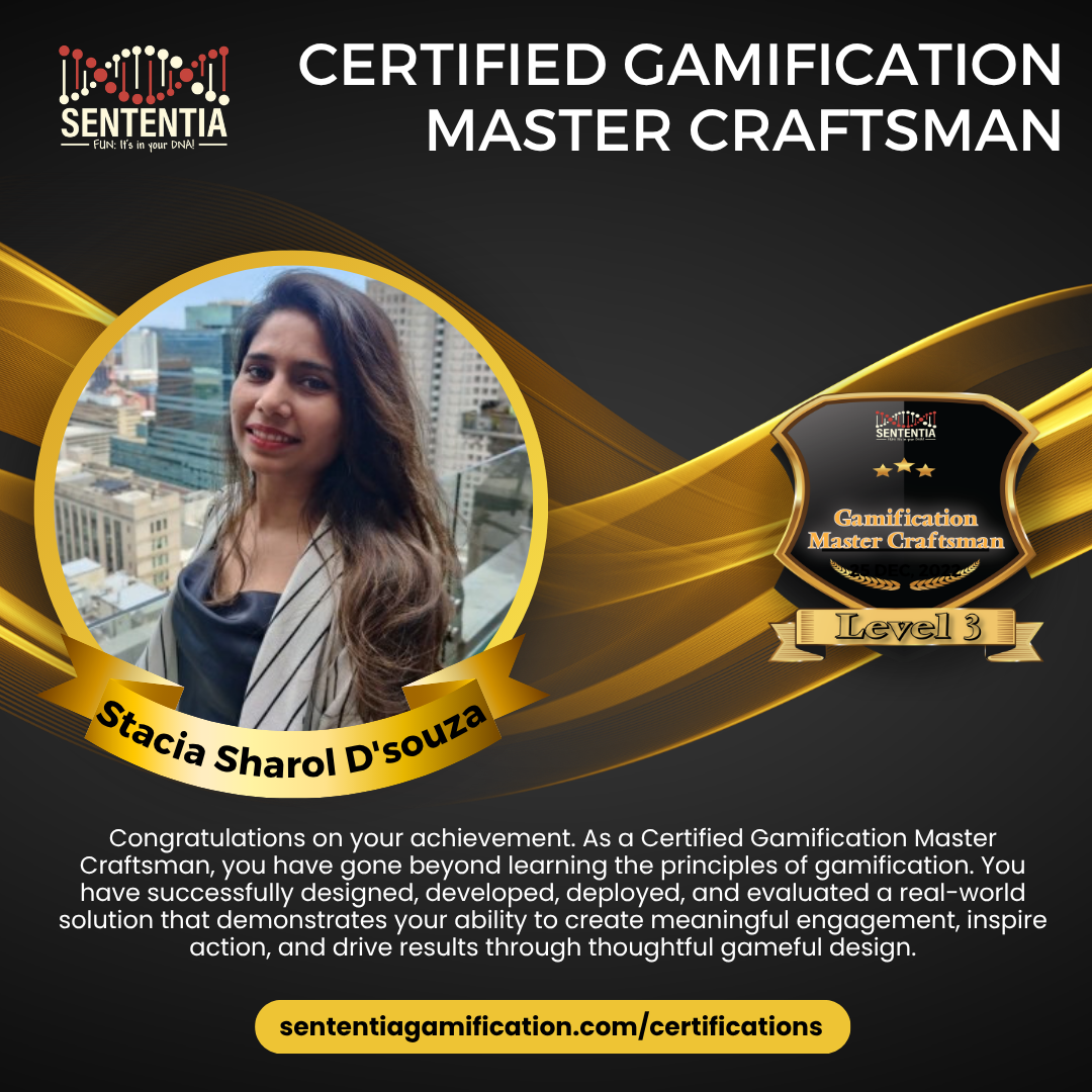 Stacia Sharol D'souza Sententia Certified Gamification Master Craftsman