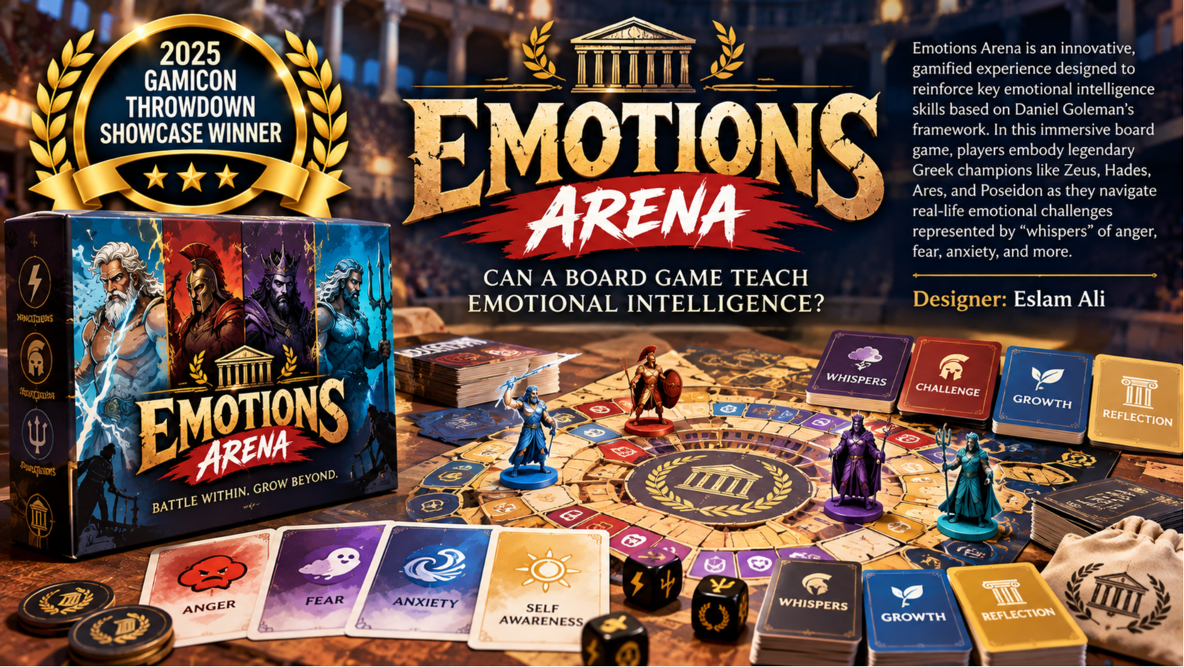 Emotions Arena by Eslam Ali, a 2025 GamiCon Throwdown Showcase-winning board game that uses Greek champions and emotional challenges to build emotional intelligence skills.