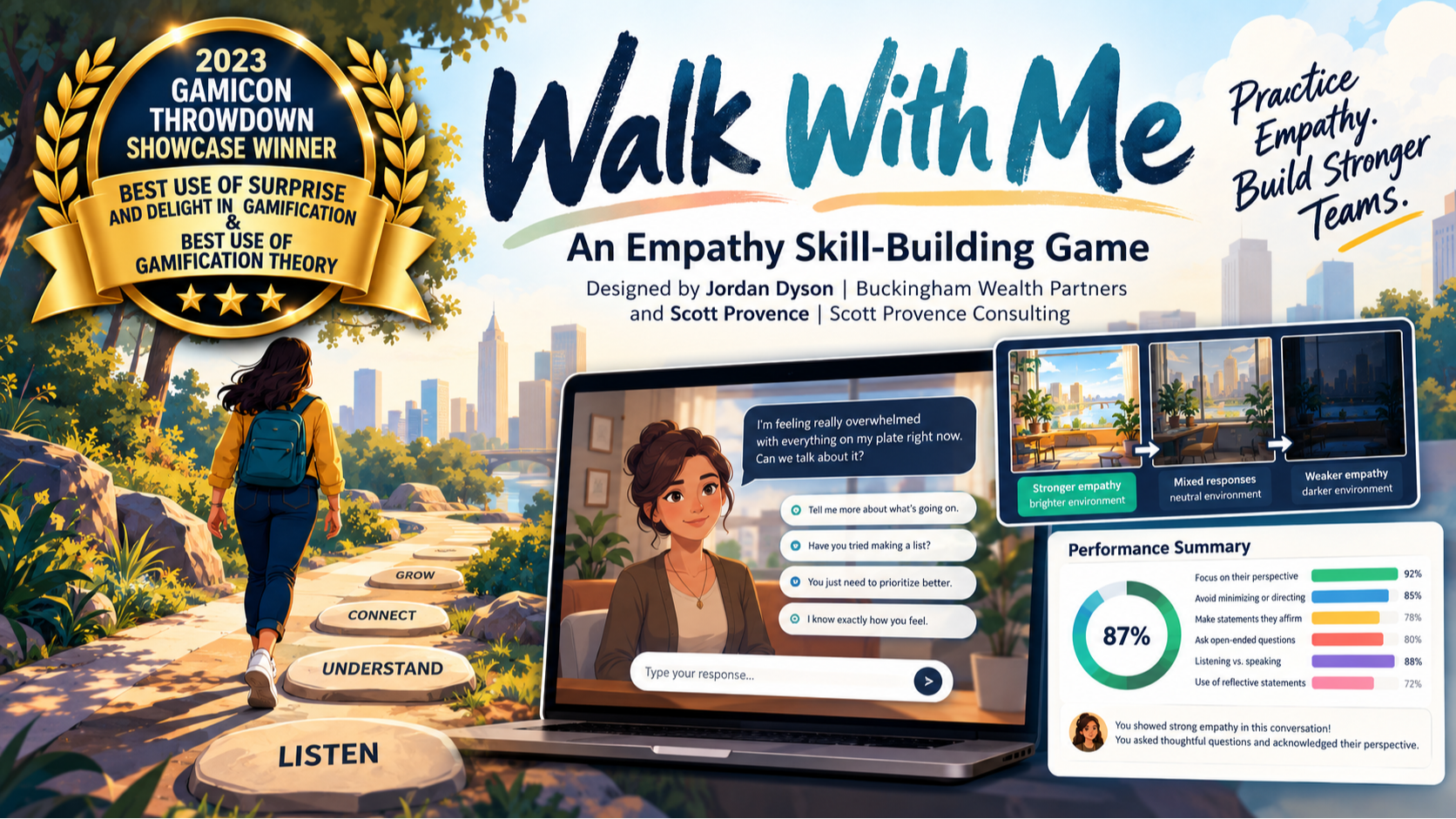 Walk With Me: An Empathy Skill-Building Game by Jordan Dyson and Scott Provence, 2023 GamiCon Throwdown Showcase winner for Best Use of Surprise and Delight in Gamification and Best Use of Gamification Theory.