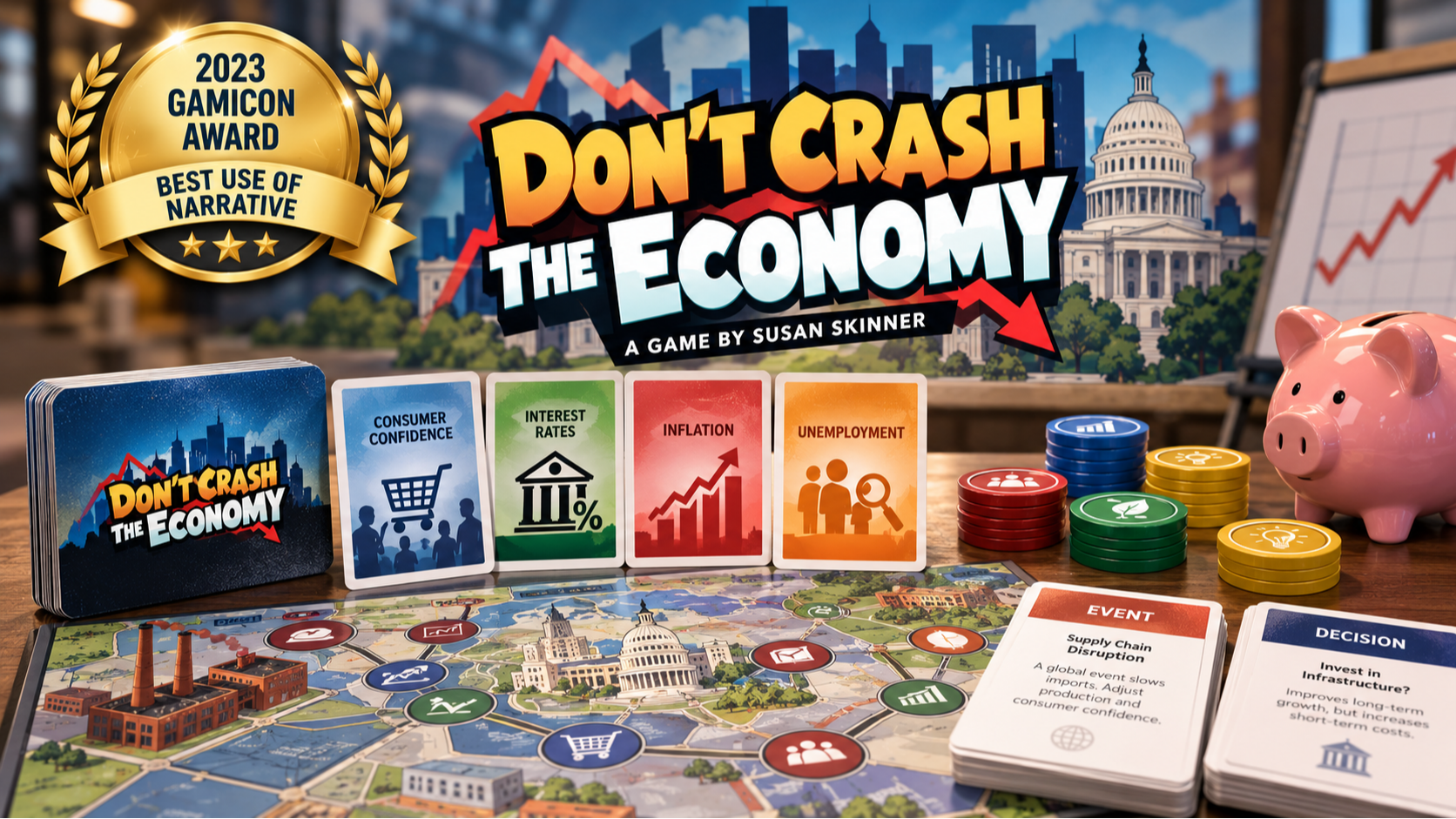 Don't Crash the Economy, Susan Skinner’s 2023 GamiCon award-winning narrative-based game about economic decision-making.