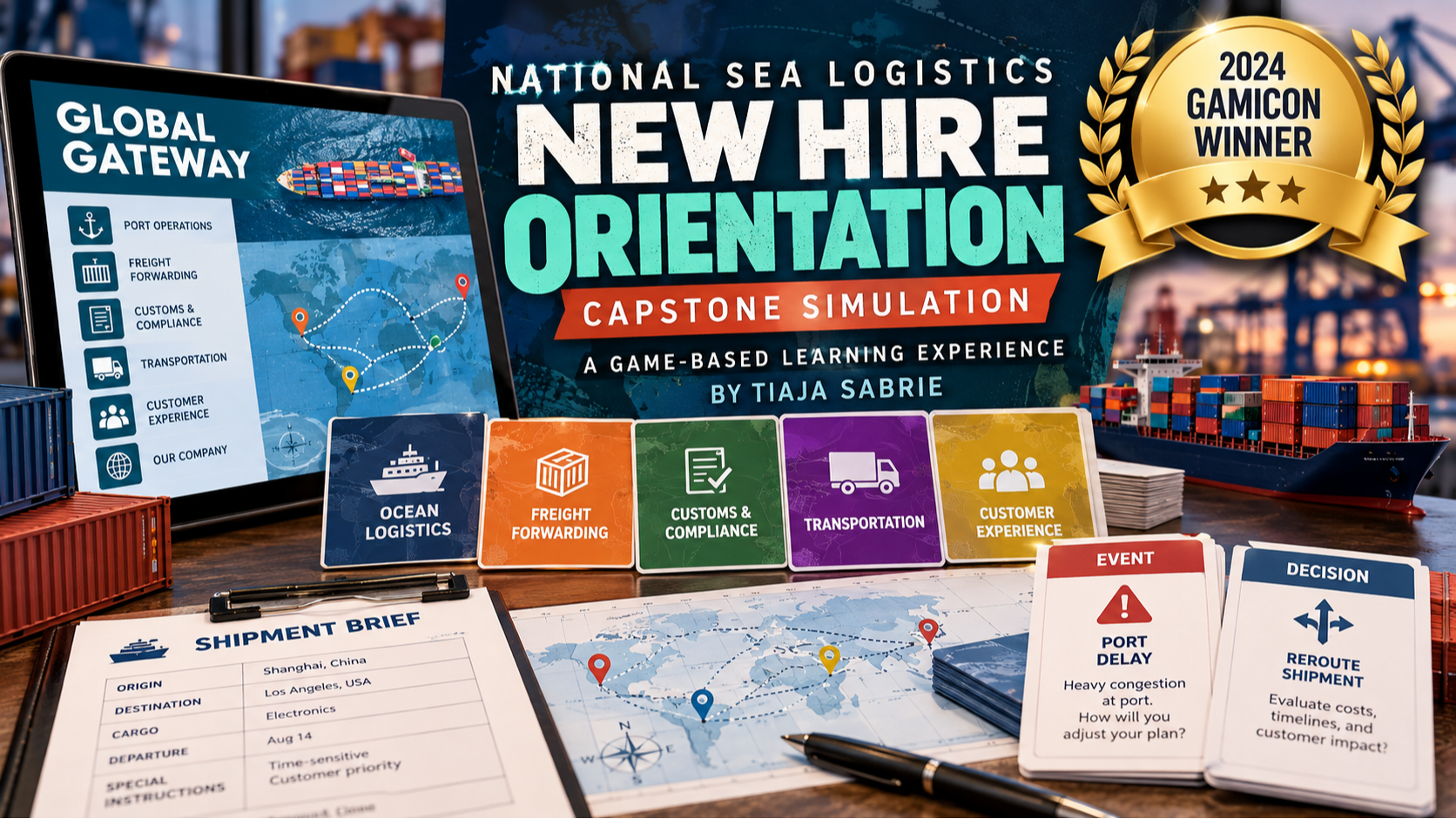 National Sea Logistics New Hire Orientation Capstone Simulation, Tiaja Sabrie’s 2024 GamiCon-winning game-based onboarding experience for ocean logistics and freight forwarding.