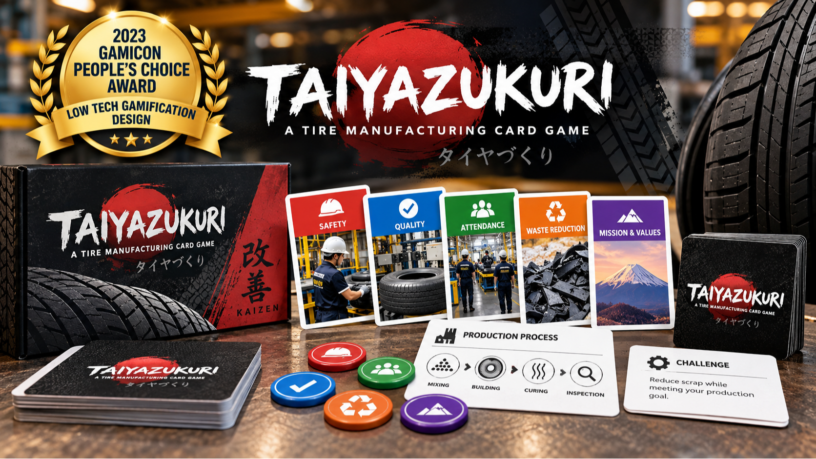 Taiyazukuri – A Tire Manufacturing Card Game, Artrell Williams’ 2023 GamiCon People’s Choice Award-winning low-tech game about tire manufacturing.