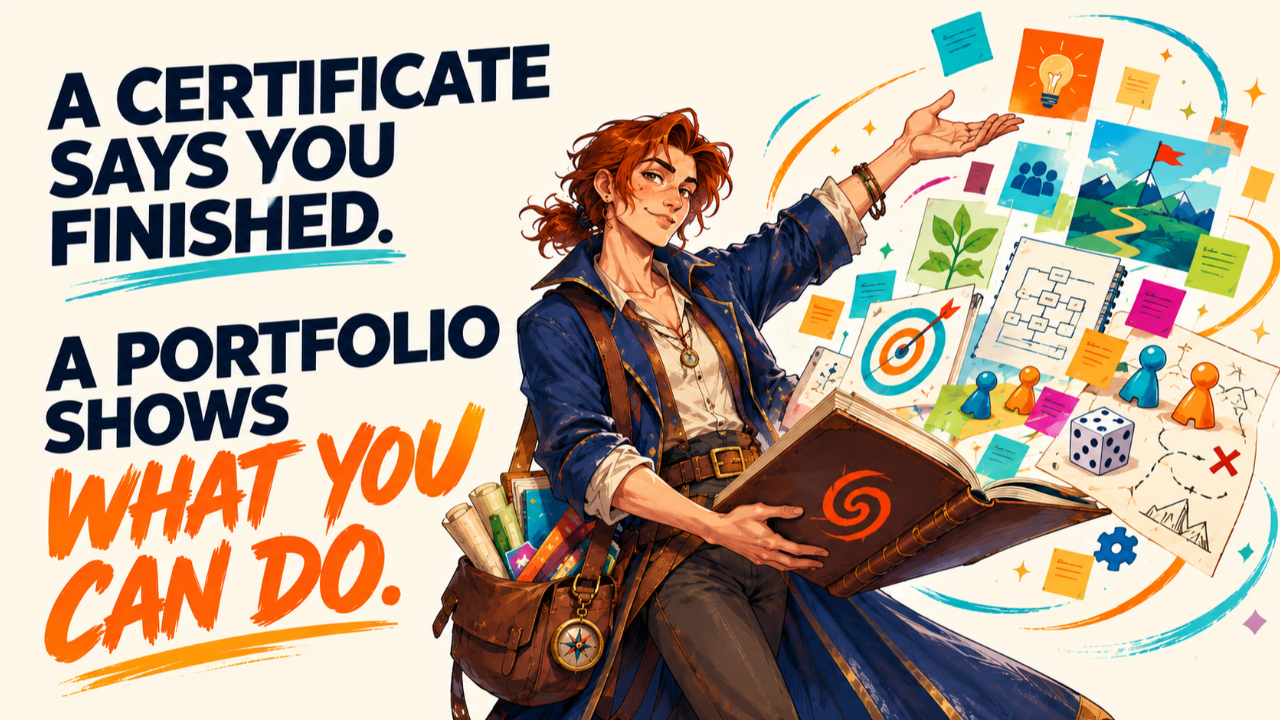 Portfolio Hero holding an open book filled with colorful gameful learning elements beside the message, “A Certificate Says You Finished. A Portfolio Shows What You Can Do.”