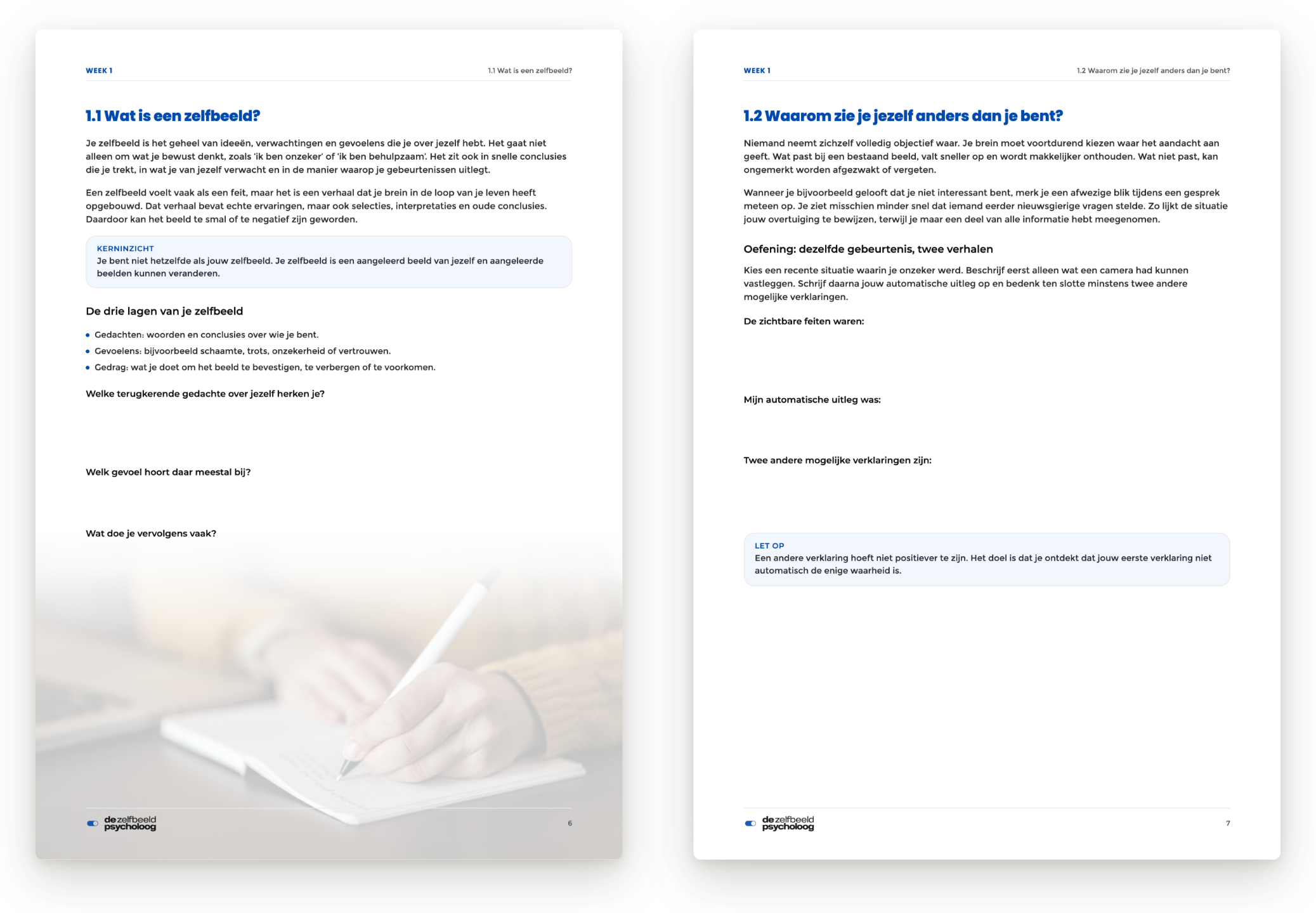 Twee voorbeeldpagina’s uit het werkboek Verbeter je zelfbeeld.