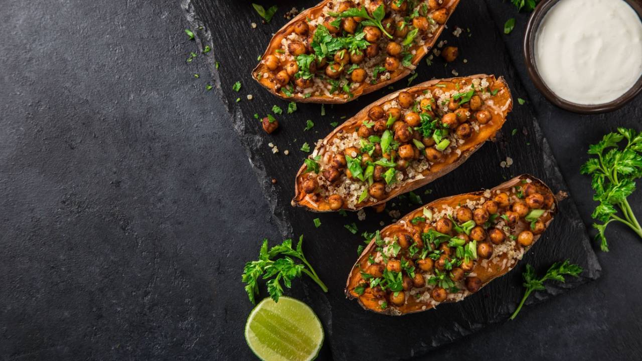 Sweet potatoes loaded with chickpeas and veggies